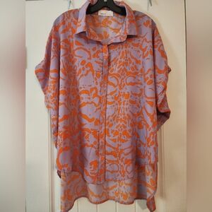 White Lily Women's Lavender Orange Printed Button-Up Blouse Oversized Large New